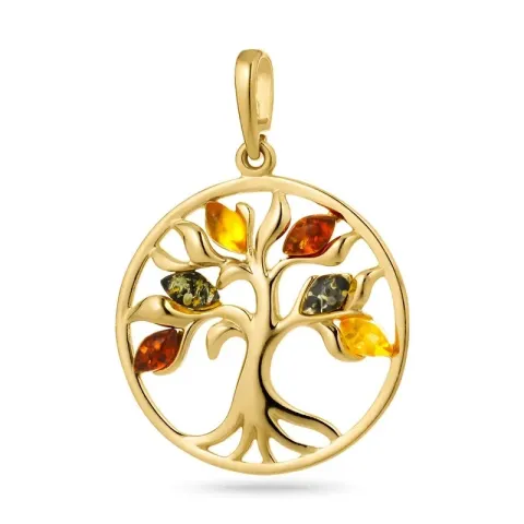 verzamelmonster boom van het leven veelkleurig barnsteen hanger in verguld sterlingzilver