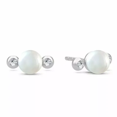 klein Julie Sandlau Perla witte parel oorbellen in satijn gerodineerd sterling zilver witte zirkoon