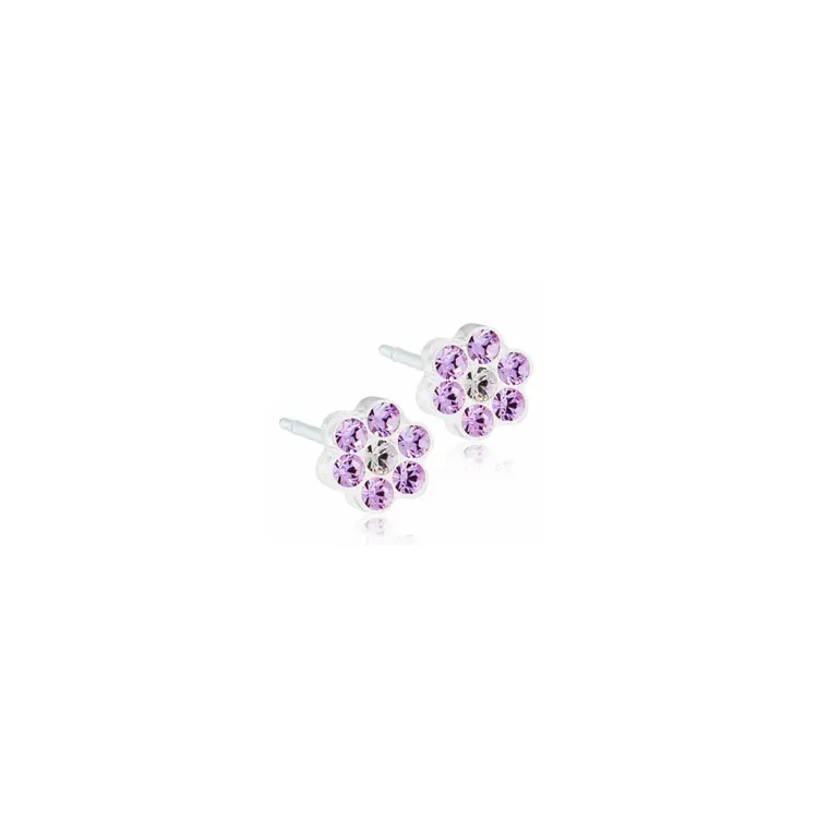 Blomdahl bloem oorbellen in plastic paarse swarovski kristallen witte swarovski kristallen