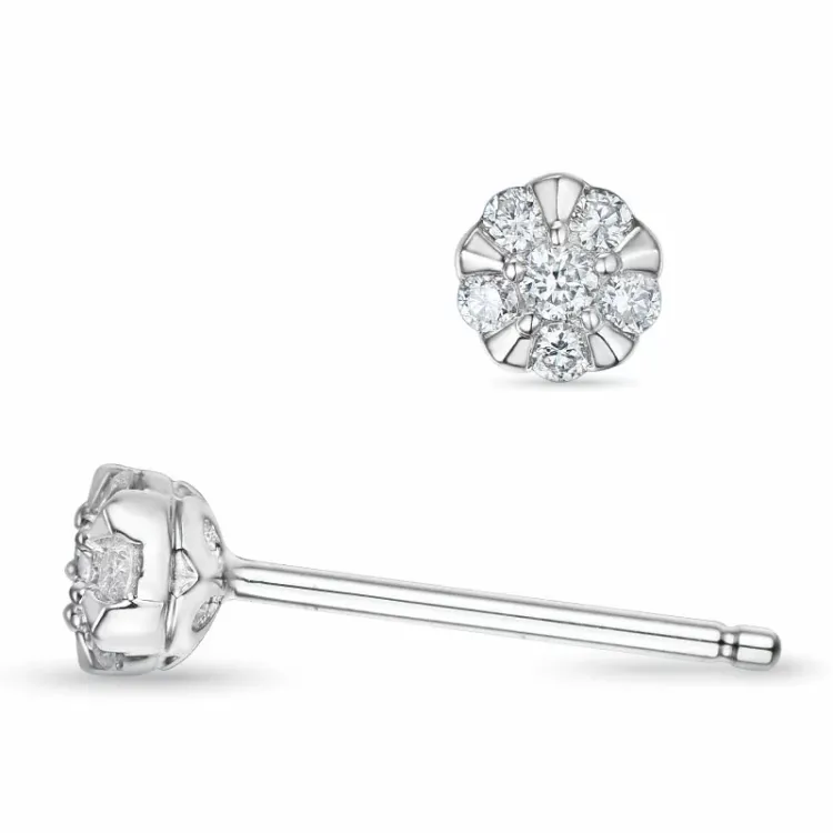 rond diamant oorsteker in 14 karaat witgoud met diamant en diamant 