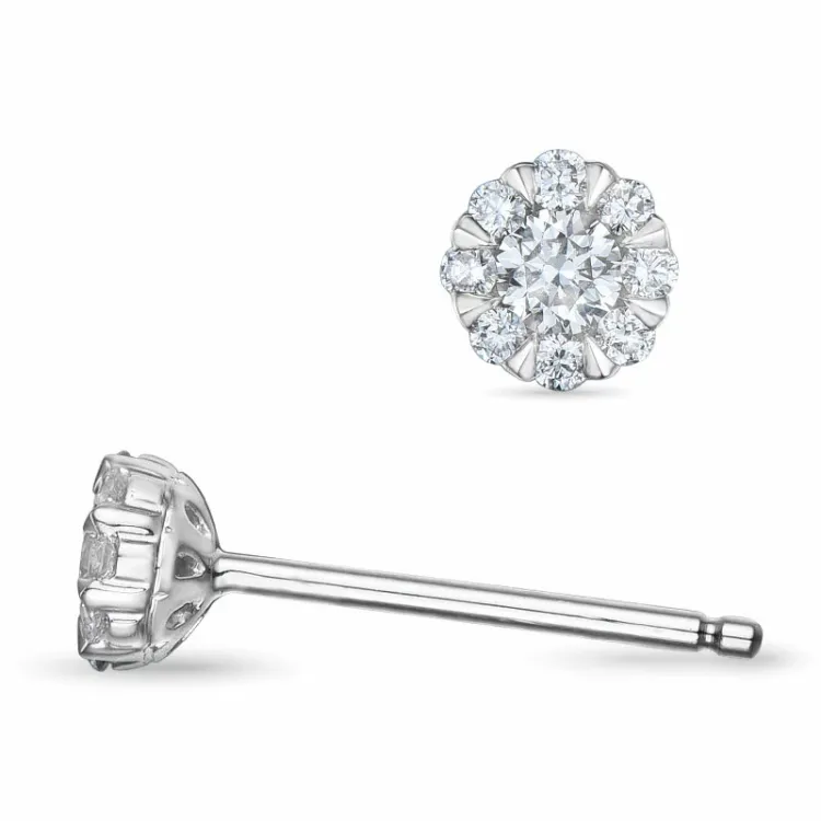 rond diamant oorsteker in 14 karaat witgoud met diamant en diamant
