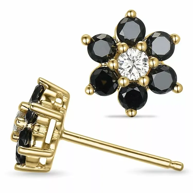 bloem zwart diamant oorbellen in 14 karaat goud met diamant en zwart diamant