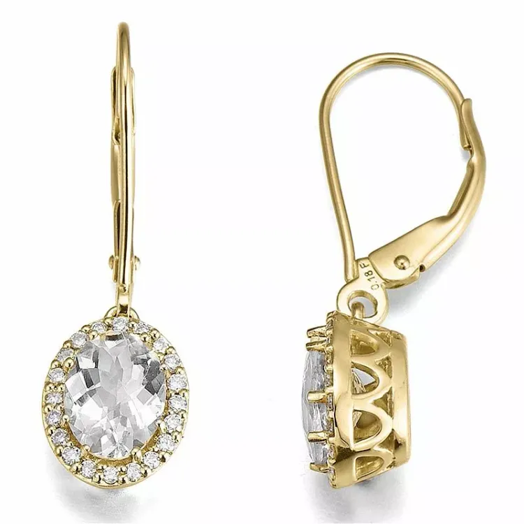 ovaal witte kwarts diamant oorbellen in 14 karaat goud met diamant en kwarts