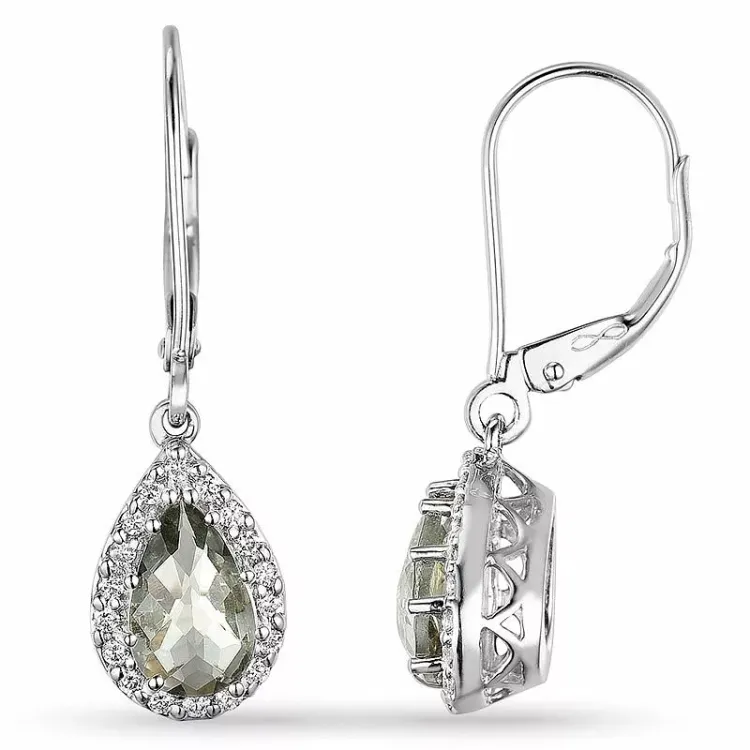 druppel groene amethist diamant oorbellen in 14 karaat witgoud met diamant en amethist