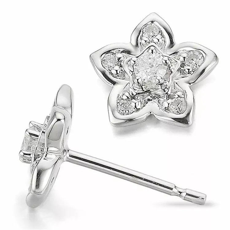 Bloem diamant oorsteker in 14 karaat witgoud met diamanten