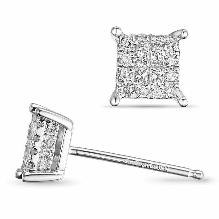 vierkant diamant oorbellen in 14 karaat witgoud met diamant en diamant