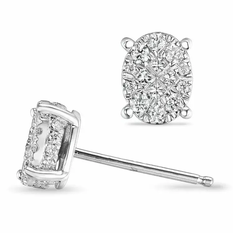ovaal diamant oorbellen in 14 karaat witgoud met diamant en diamant 