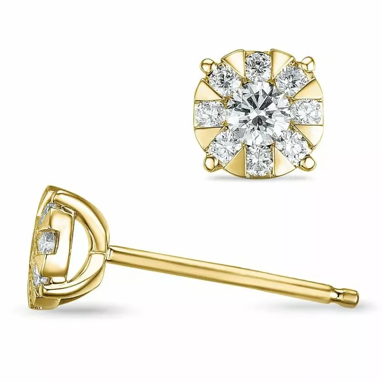 rond oorsteker in 14 karaat goud met diamant en diamant
