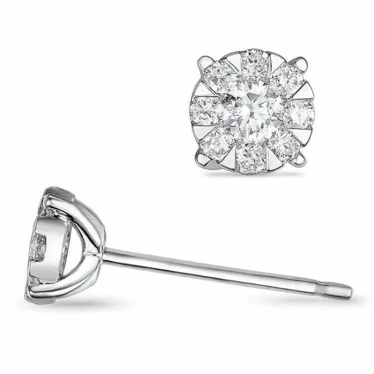 rond oorsteker in 14 karaat witgoud met diamant en diamant