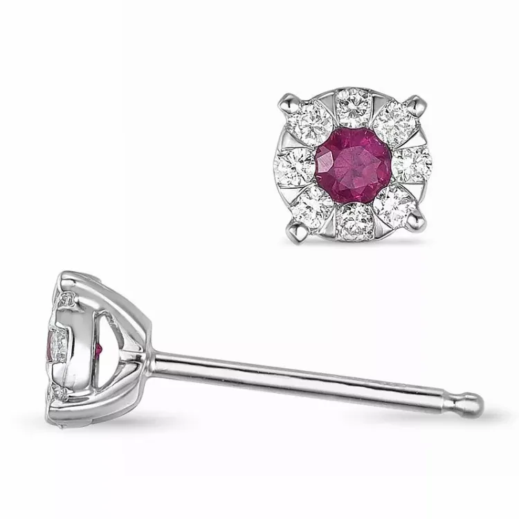 rond robijn diamant oorbellen in 14 karaat witgoud met robijn en diamant