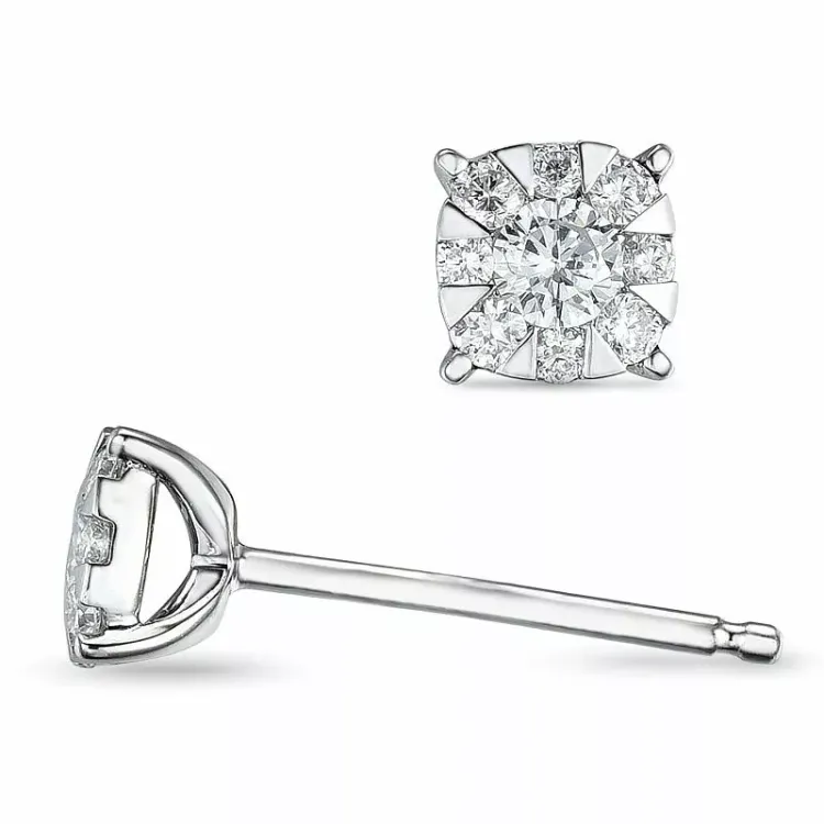 vierkant diamant oorbellen in 14 karaat witgoud met diamant en diamant 