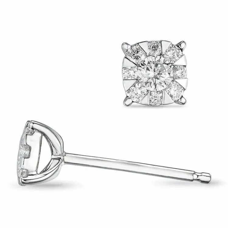 rond diamant oorsteker in 14 karaat witgoud met diamant en diamant