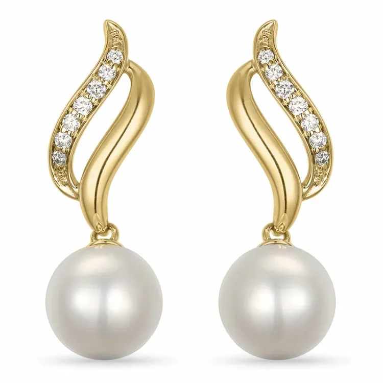 lange parel briljant oorbellen in 14 karaat goud met diamant 