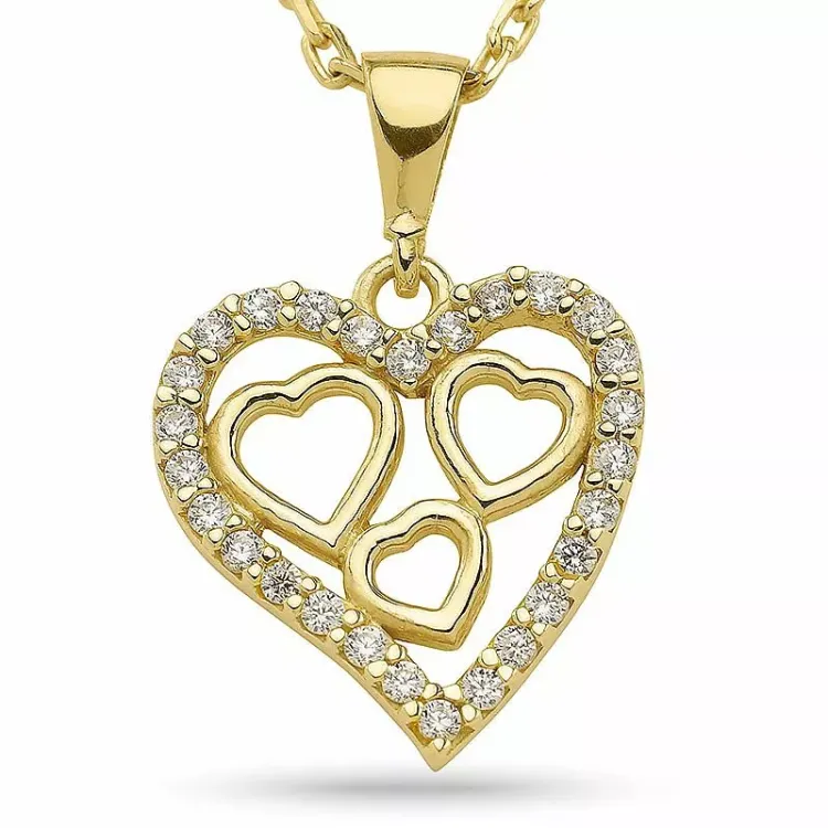 hart ketting in verguld sterlingzilver met hartjes hanger in 9 karaat goud