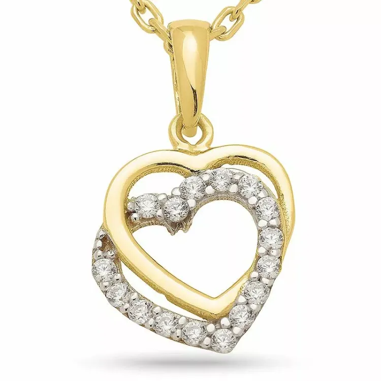 dubbel hart ketting in verguld sterlingzilver met hartjes hanger in 9 karaat goud