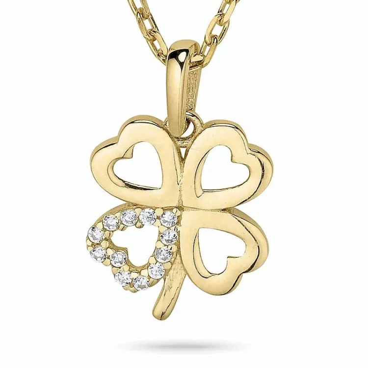 Klavertje vier ketting in verguld sterlingzilver met hanger in 9 karaat goud