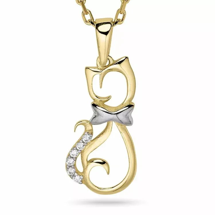 Kat ketting in verguld sterlingzilver met hanger in 9 karaat goud