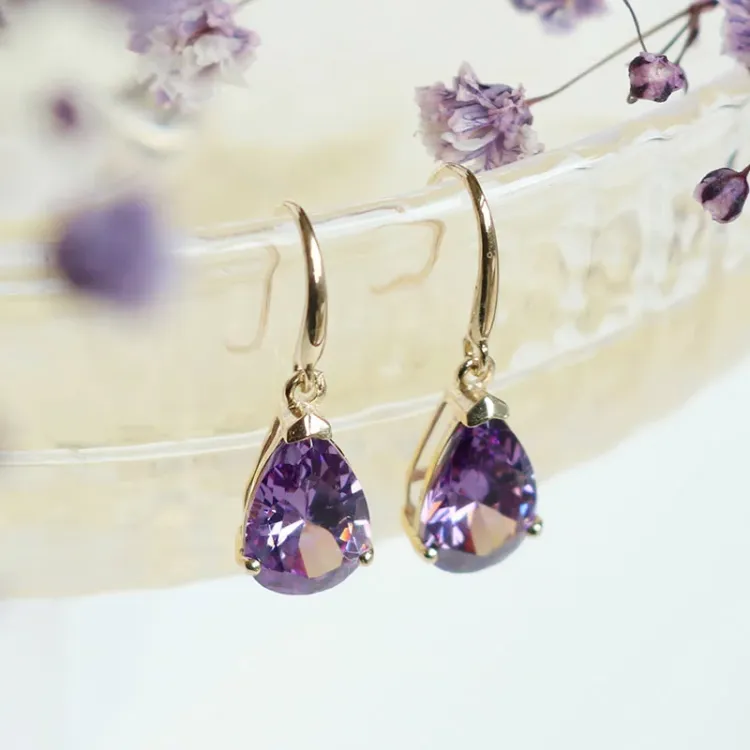 druppel paarse oorbellen in 9 karaat goud met synthetisch amethist - Gold Collection