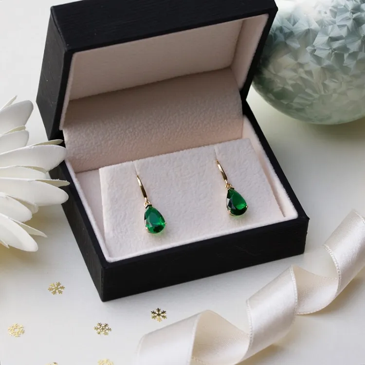druppel groen gouden oorbellen in 14 karaat goud met synthetische smaragd - Gold Collection