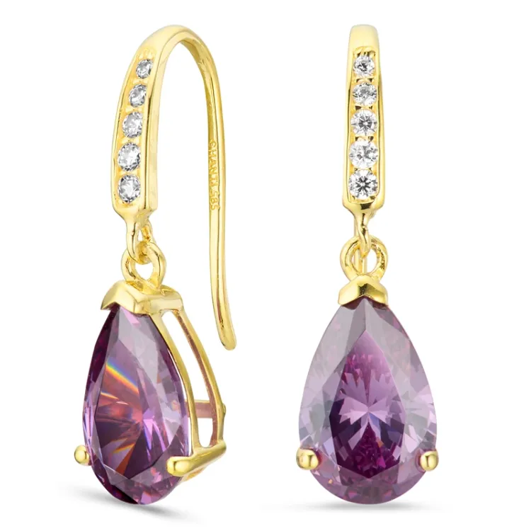 druppelvormige oorbellen in 14 karaat goud met synthetisch amethist en zirkoon - Gold Collection