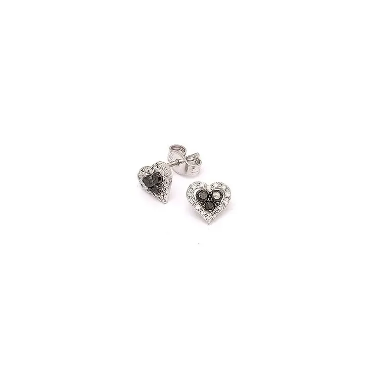 hart diamant oorsteker in 14 karaat witgoud met diamant en zwart diamant