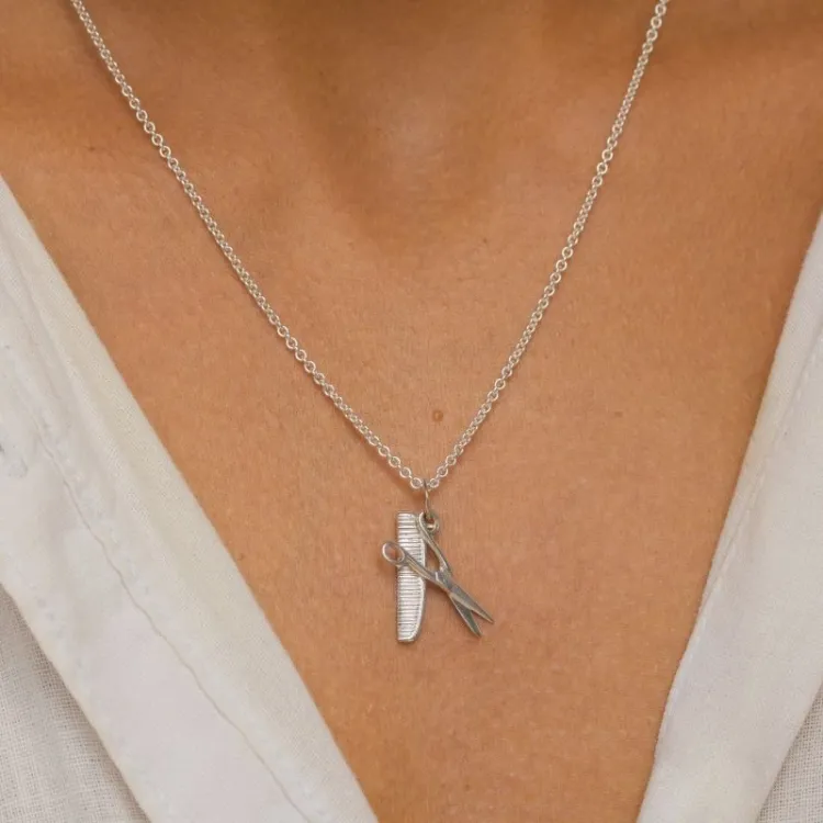 kam en schaar ketting in zilver met hanger in zilver