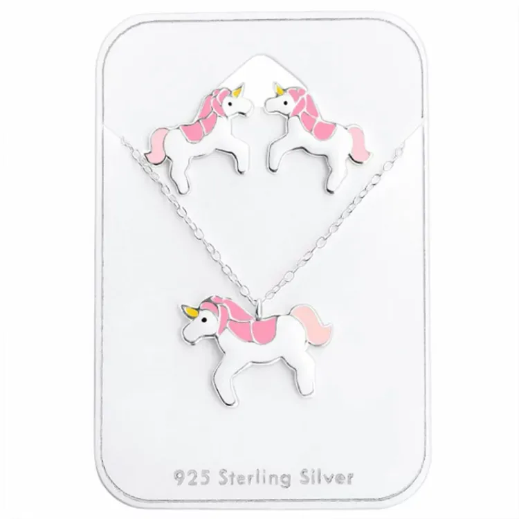 eenhoorn set met oorbellen en ketting in zilver witte emaille pink emaille geel emaille zwart emaille