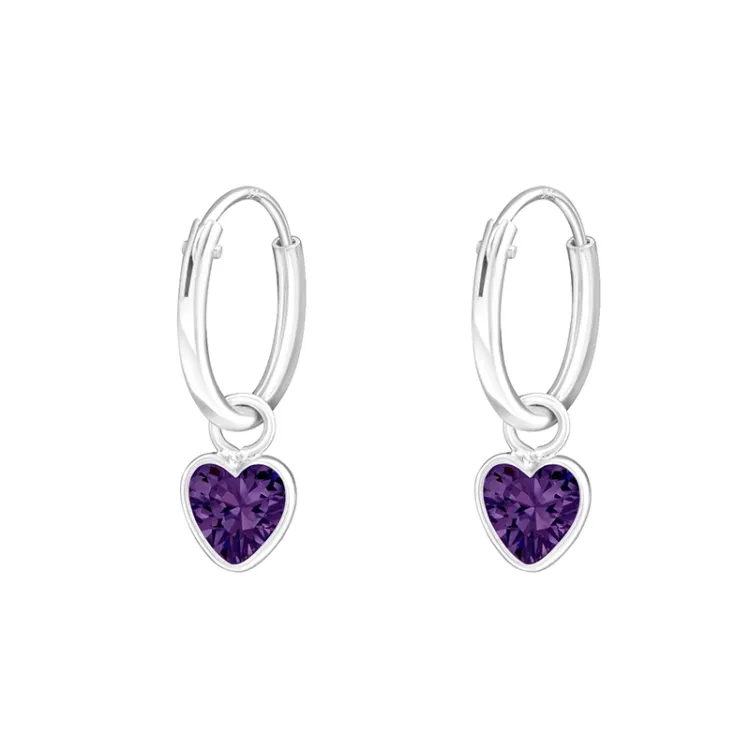 12 mm hart paarse kristal creool in zilver - Little Ones