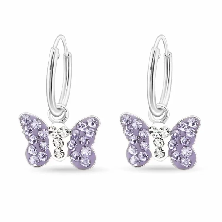 12 mm vlinder paarse creool in zilver - Little Ones