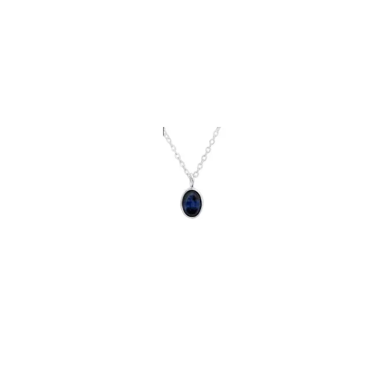 Ovale blauwe ketting in zilver met hanger in zilver