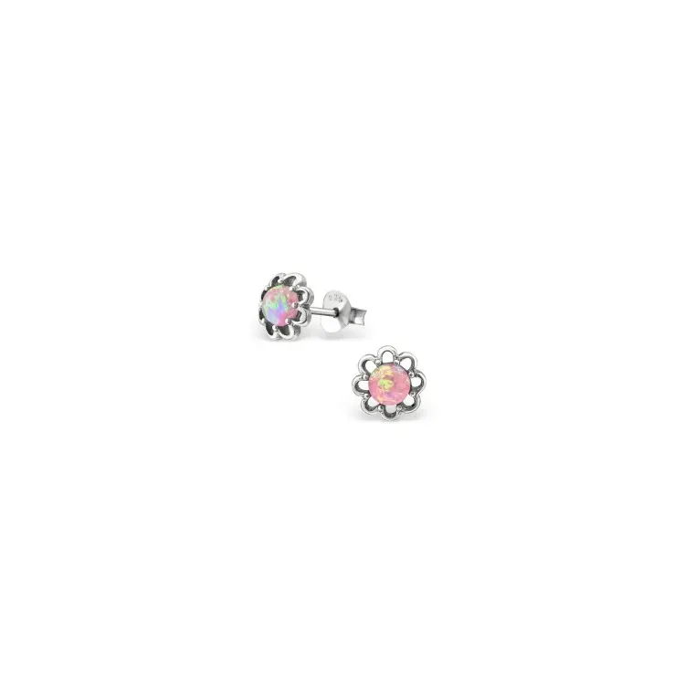 Bloem pink oorbellen in geoxideerd sterlingzilver