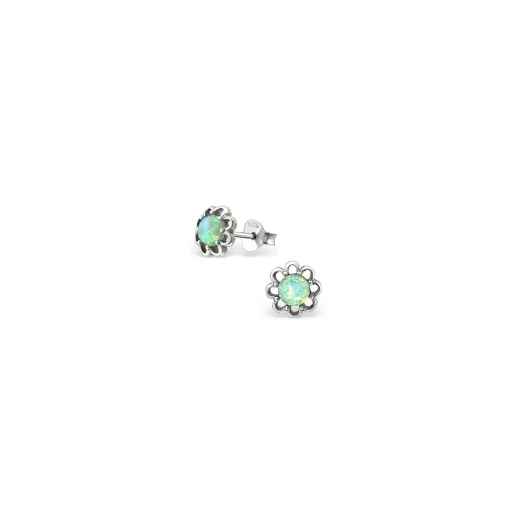Bloem groene oorsteker in geoxideerd sterlingzilver