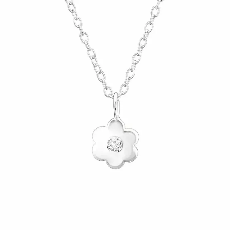 bloem ketting in zilver met een roze coating met hanger in zilver