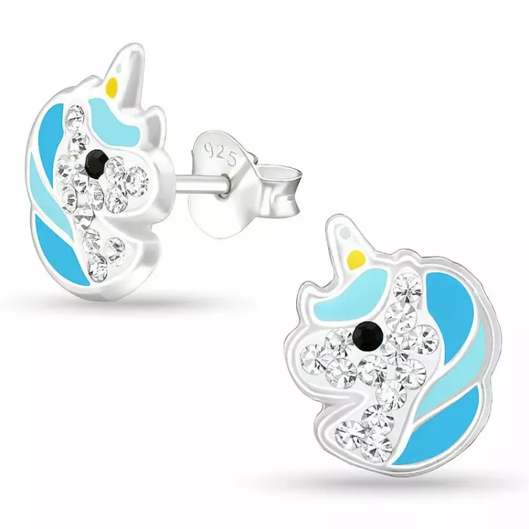 blauwe eenhoorn kristal oorsteker in zilver - Little Ones