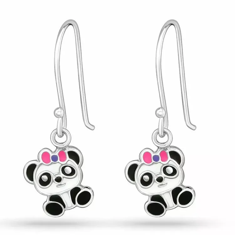Lange panda oorbellen voor kinderen in zilver