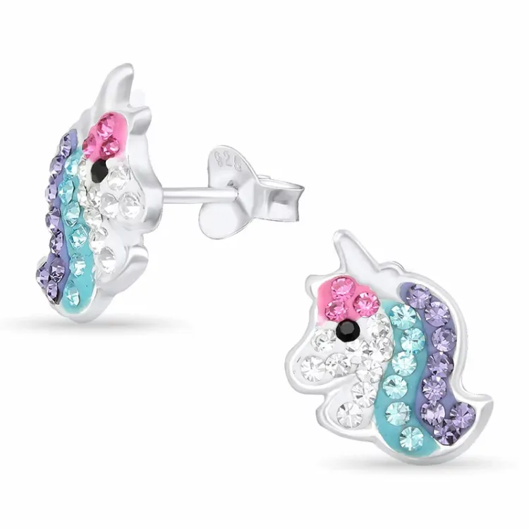 eenhoorn blauwe kristal oorsteker in zilver - Little Ones