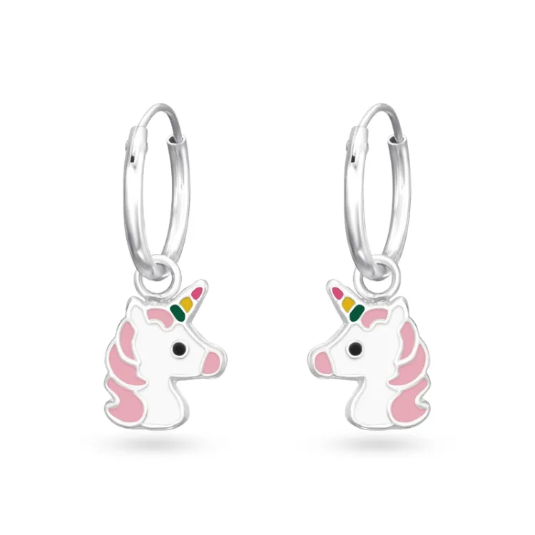 lange eenhoorn emaille creool in zilver - Little Ones