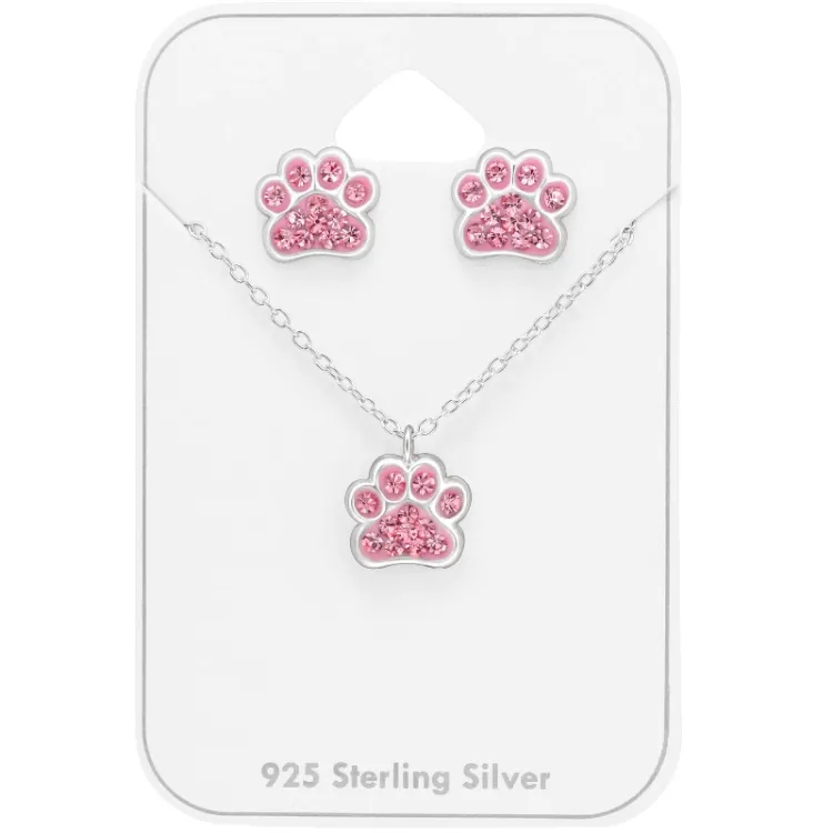 poot roze kristal set met oorbellen en ketting in zilver - Little Ones