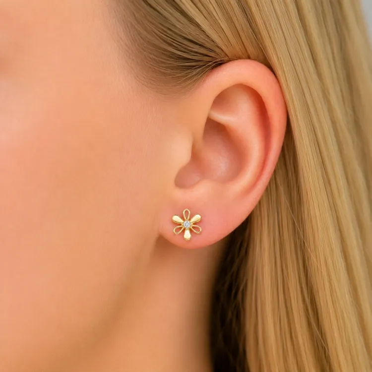 bloem oorbellen in verguld sterlingzilver met lab grown diamant 