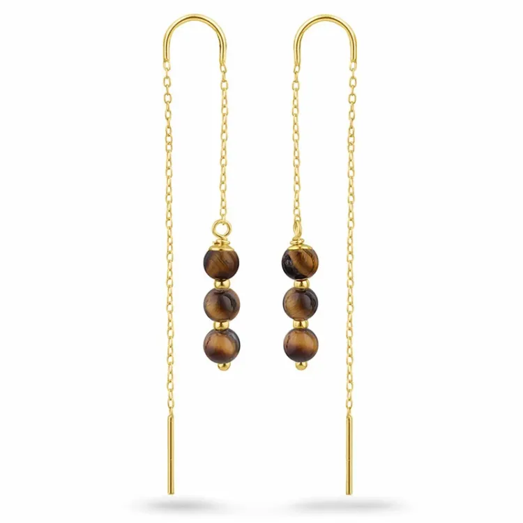 tijgeroog ketting oorbellen in verguld zilver - Loom Stones