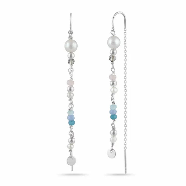 lange parel ketting oorbellen in zilver - Loom Stones