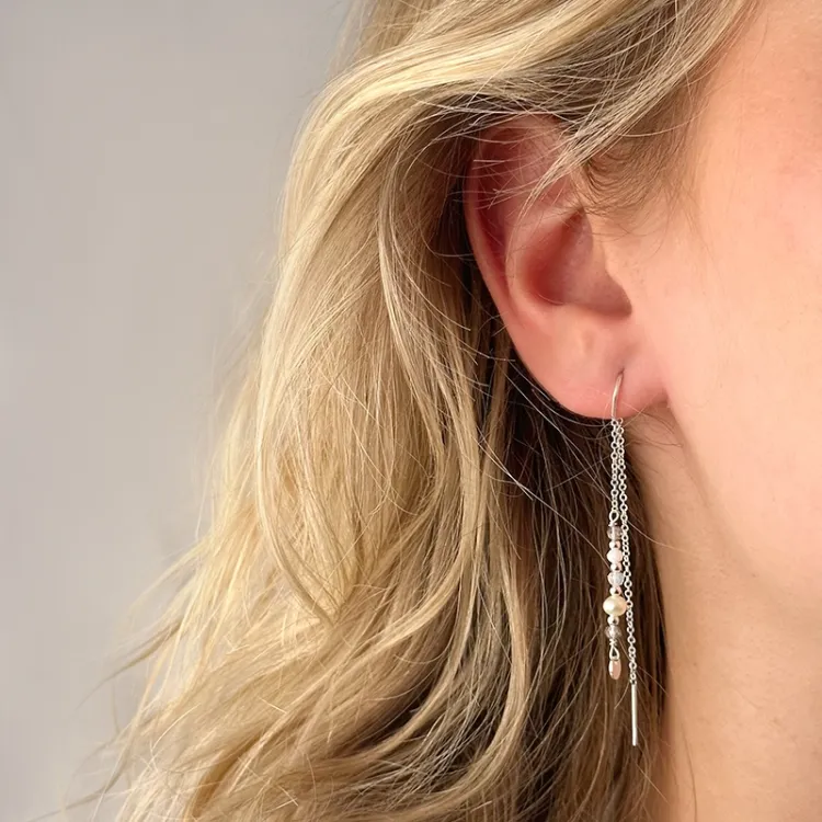 lange parel ketting oorbellen in zilver - Loom Stones