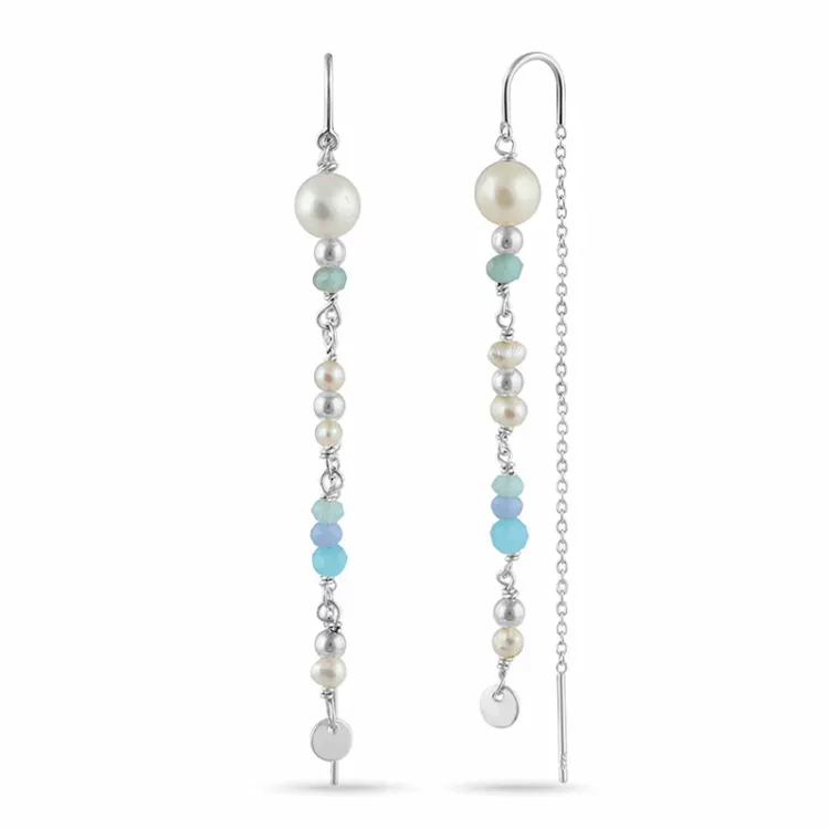 lange parel ketting oorbellen in zilver - Loom Stones