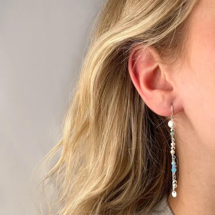 lange parel ketting oorbellen in zilver - Loom Stones
