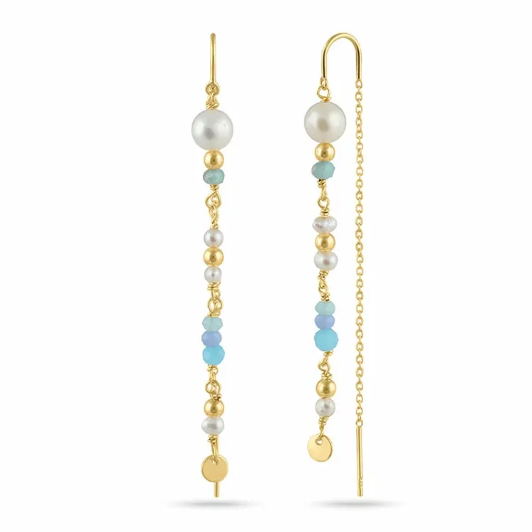 lange parel ketting oorbellen in verguld zilver - Loom Stones