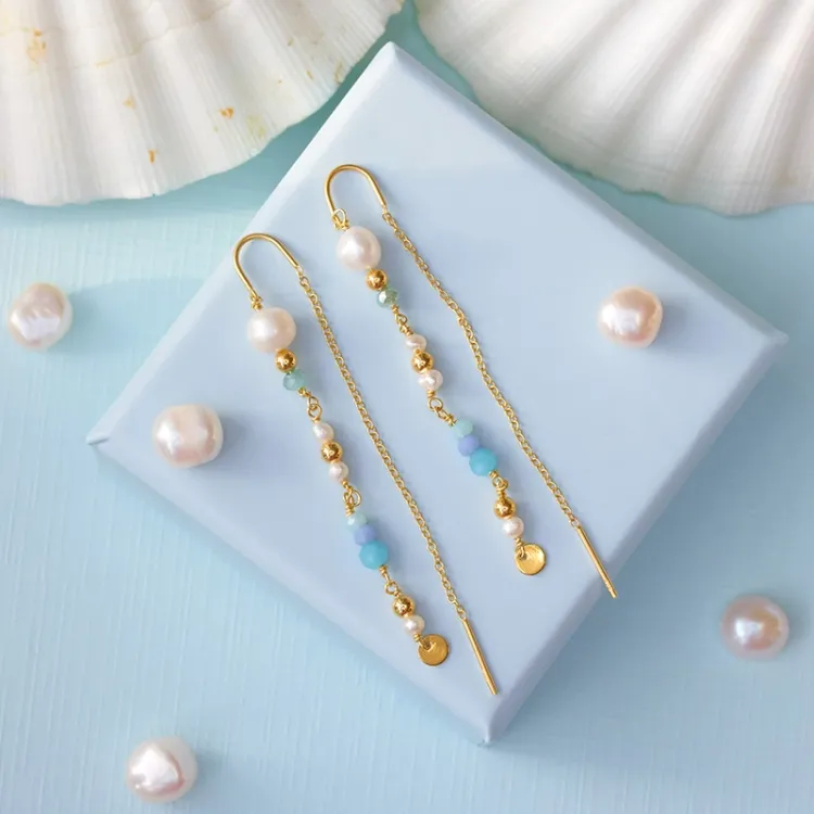 lange parel ketting oorbellen in verguld zilver - Loom Stones