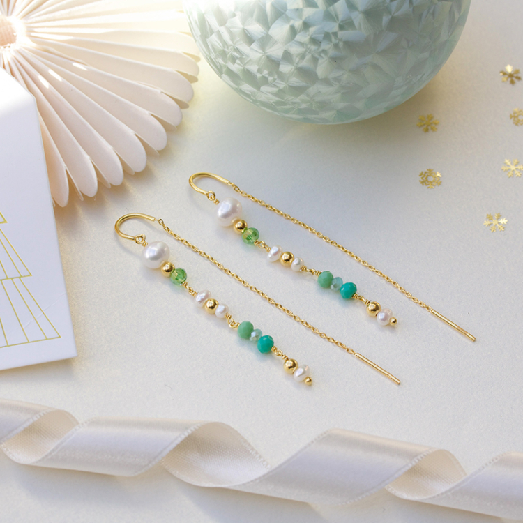 lange groene ketting oorbellen in verguld sterlingzilver - Loom Stones