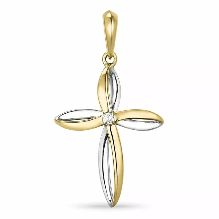 kruis hanger in 14 caraat goud-en witgoud 0,03 ct