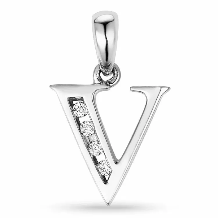 letter v hanger in 14 caraat witgoud 0,04 ct