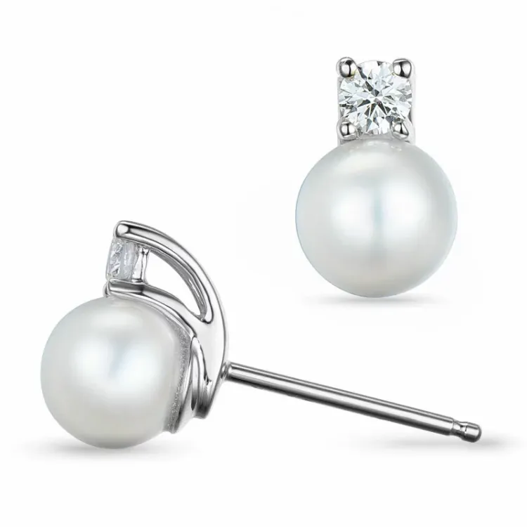 parel oorsteker in 14 karaat witgoud met diamant 